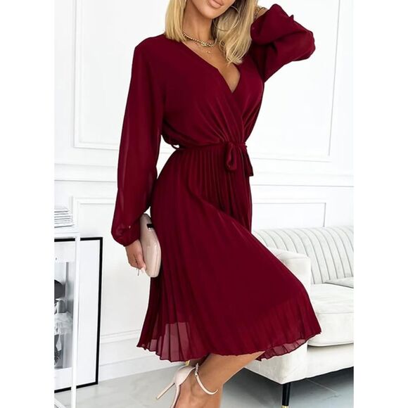 Farysays Wrap V Neck Flowy Pleated Long Sleeve Red Midi DressSz XL - Picture 3 of 7